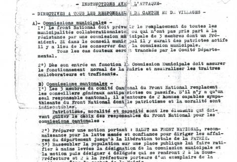 Instructions avant l'attaque Directives du Comité départemental du F.N. données pour préparer l'insurrection-libération